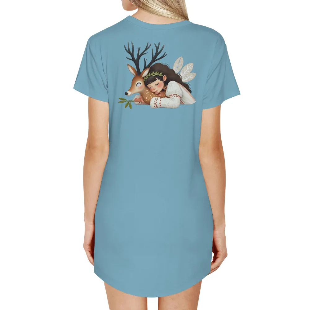 T-Shirts Design: Nature's Harmony - Girl Hugging Deer|palm leaf print shirt womens