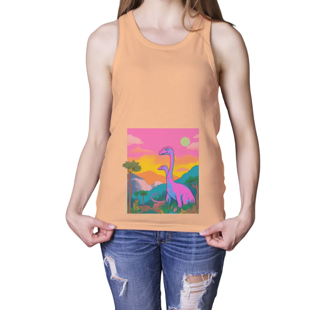 Customized Tee Shirts: Majestic Dinosaurs in a Dreamy Landscape| Lush greenery and mountains