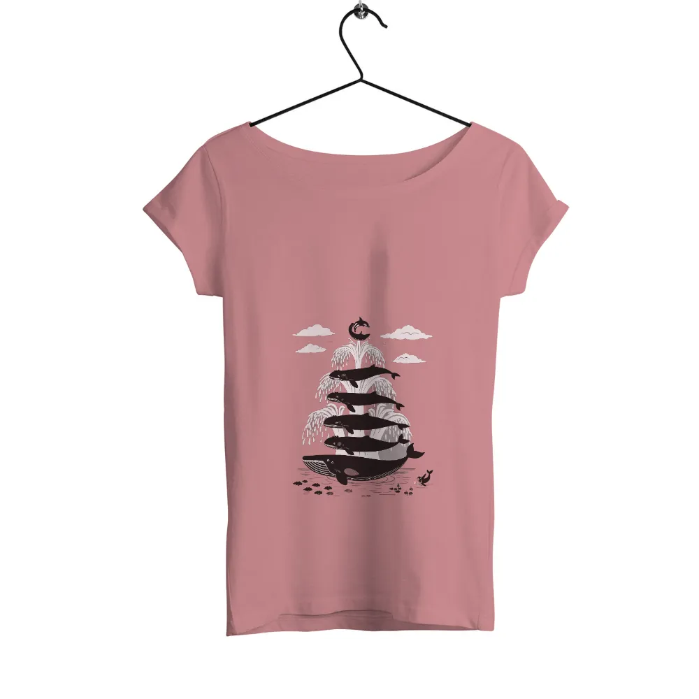 Whales Fountain T-Shirts Pattern | Marine Life Harmony| black background with white lines