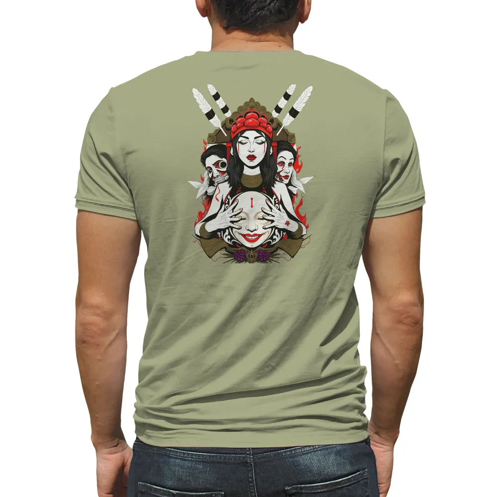 Custom Tee Shirts: Enigmatic Figure with Feathers and Flames| skull-like figure