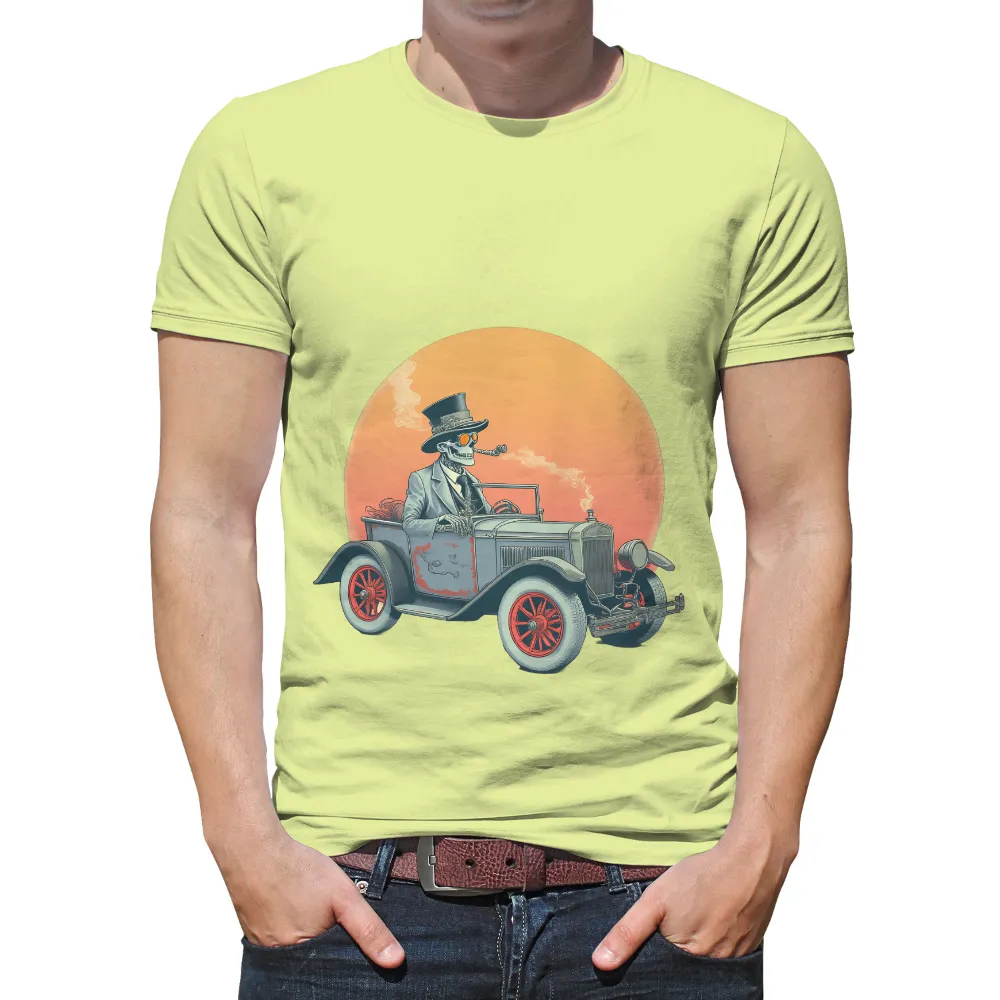 Vintage Skeleton Design with Classic Car and Warm Orange Sun|lost in space skeleton shirt