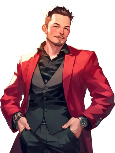 Elon Musk in a red coat and black vest - elon musk anime shirt