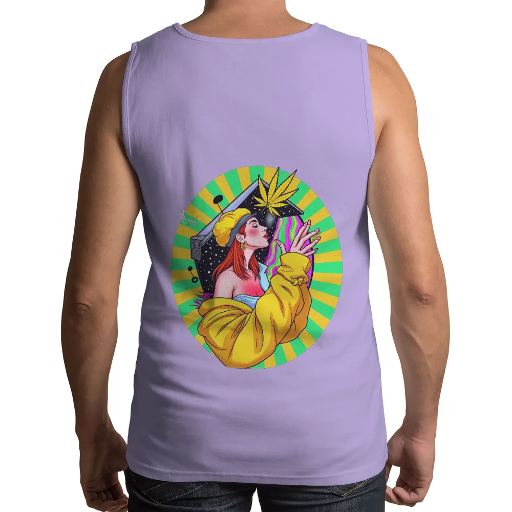 T-Shirts Design: Psychedelic Journey with Retro Rainbow and Cannabis Leaf| old television