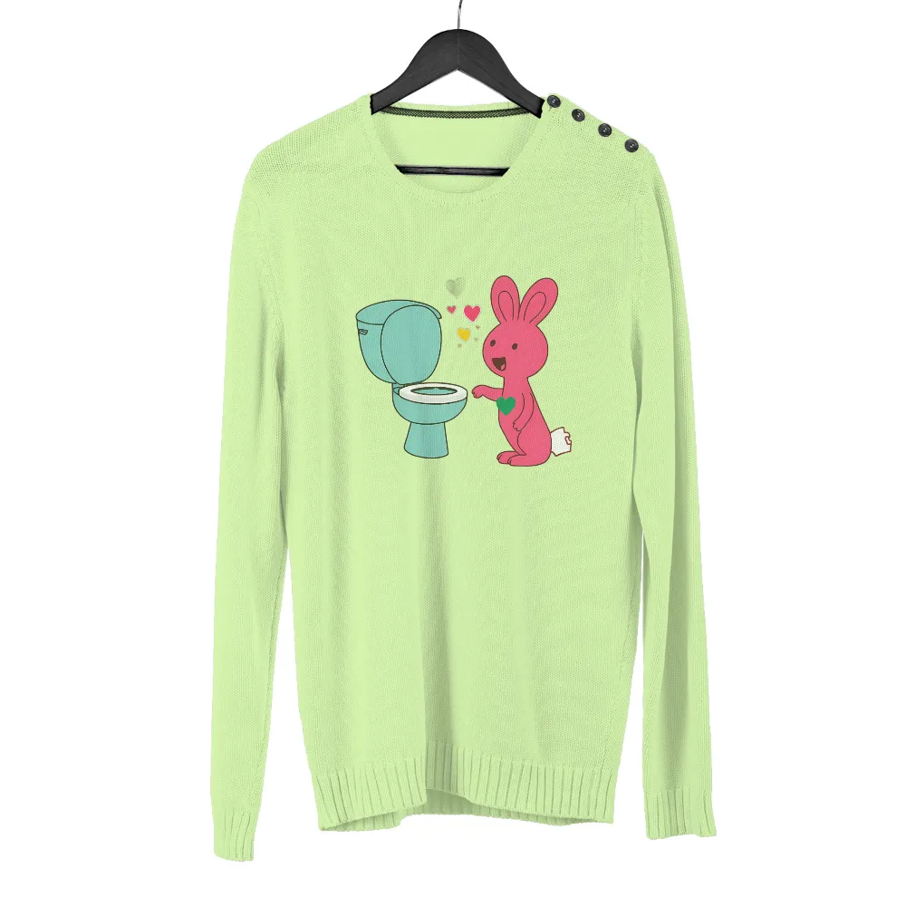 Custom Tee Shirts: Whimsical Pink Bunny with Green Heart and Blue Toilet| whimsical scene