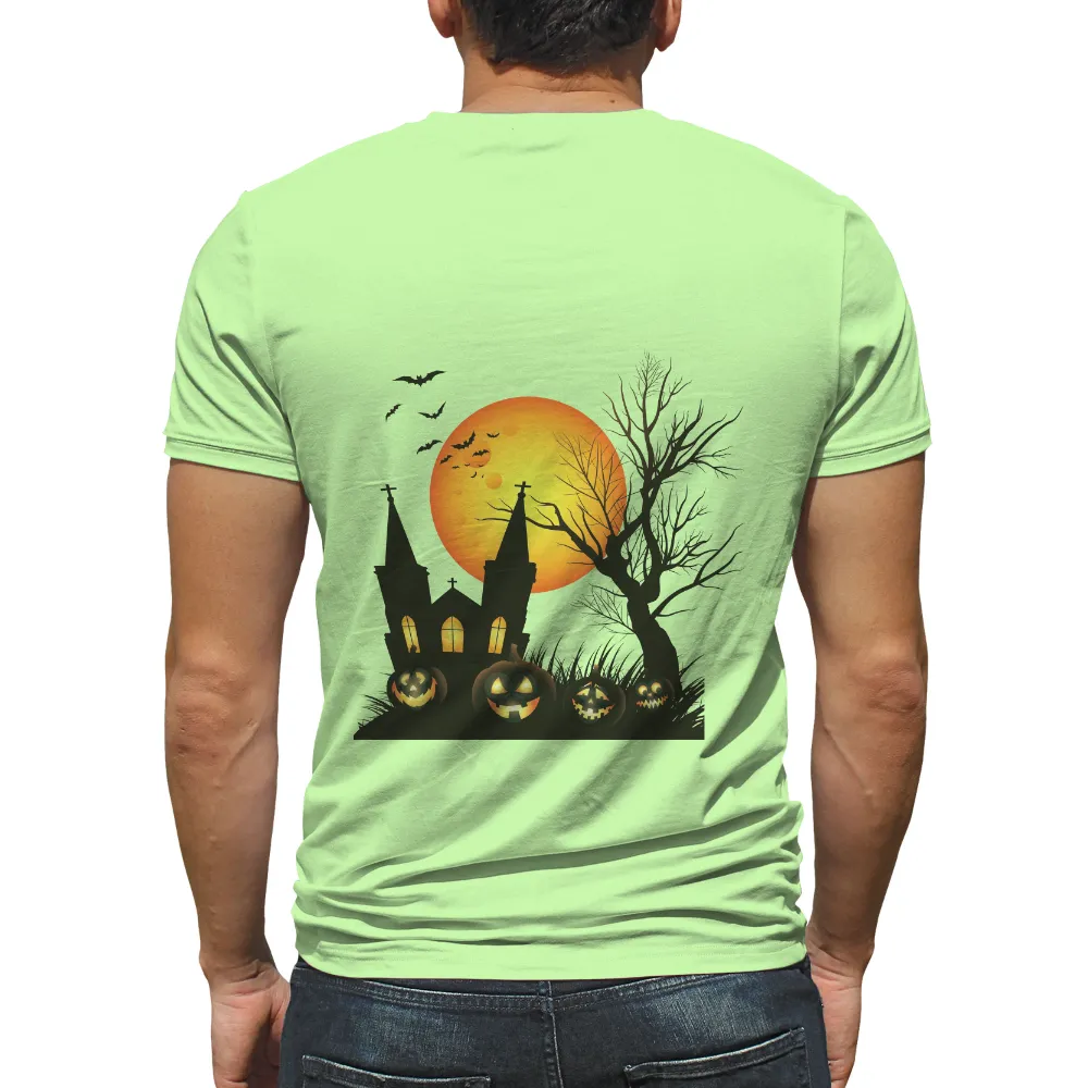 T-Shirts Pattern: Spooky Halloween Night with Pumpkins and Church|halloween 2022 shirt