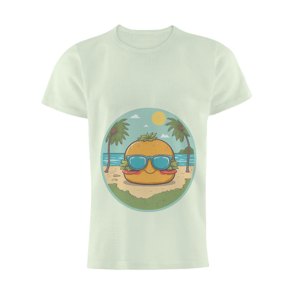 TShirt Design: Sunny Burger with Sunglasses on the Beach|mens work shirts for summer