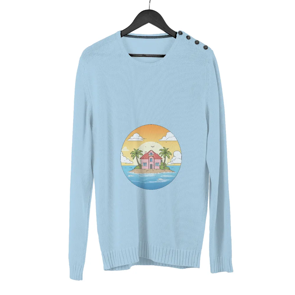 Custom Tee Shirts: Island Dream - Escape to Paradise| Circular frame encapsulating the scene