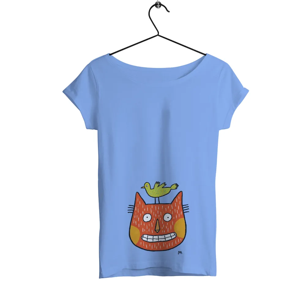 TShirt Printing: Whimsical Orange Cat with Green Bird - Artistic Design| Friendship between cat and bird