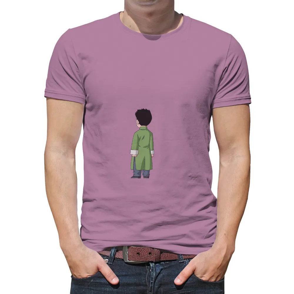 TShirt Printing: Anime Character in Green Coat - Minimalist Design|clothing tshirt design