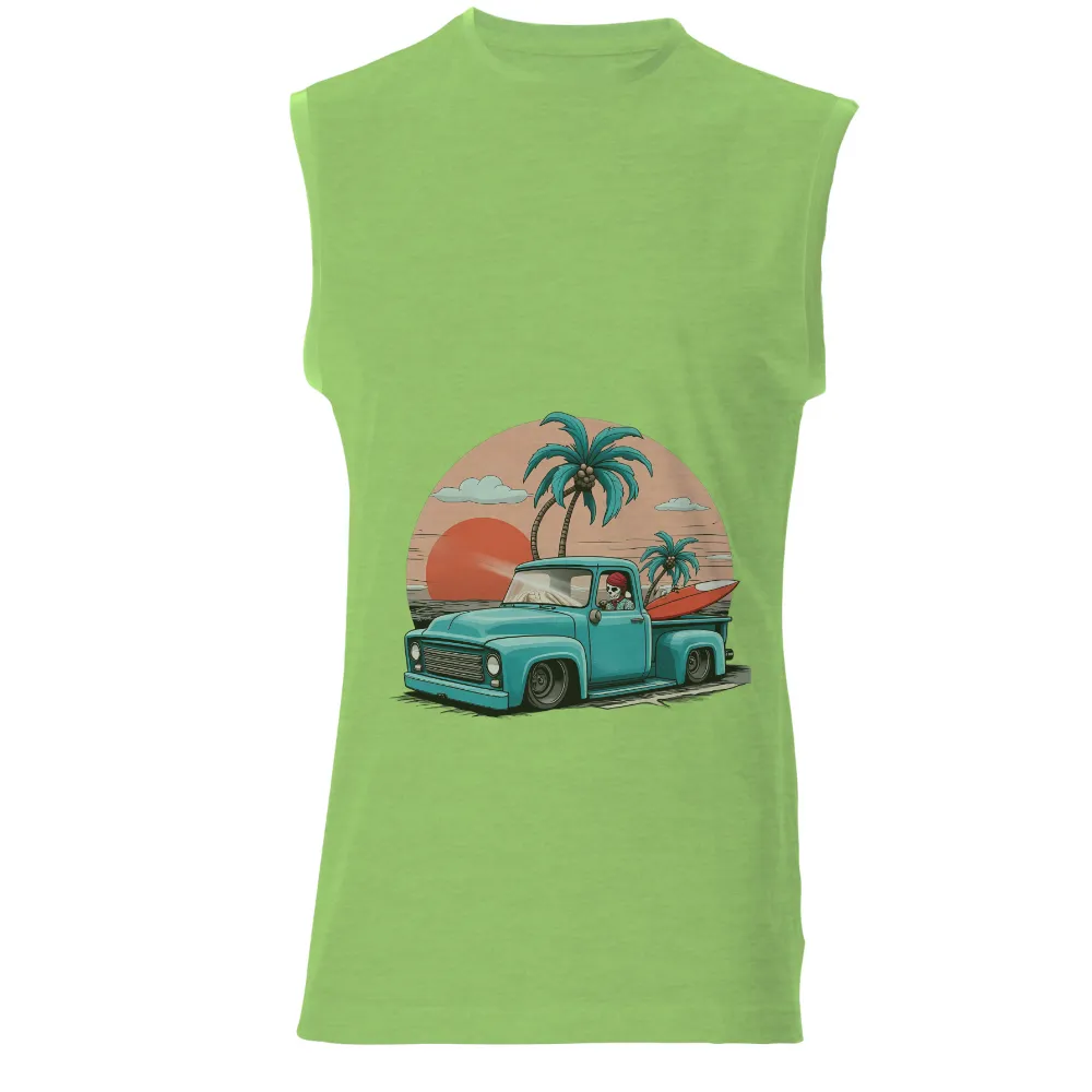 Custom Tee Shirts: Summer Adventure Skeleton Driving Pickup Truck|Skeleton character driving a pickup truck