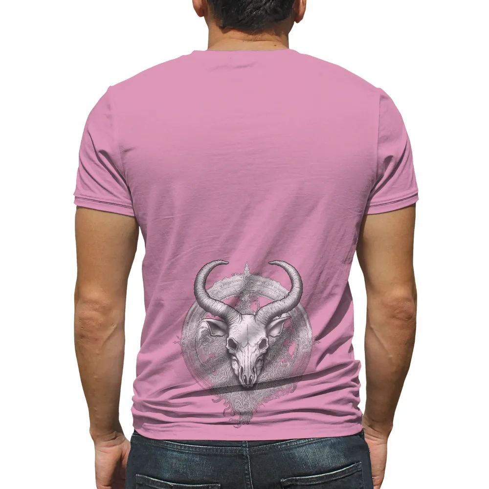 Monochrome Graphic with Intricate Skull, Horns, and Headdress Art|women's 80's vintage t shirts