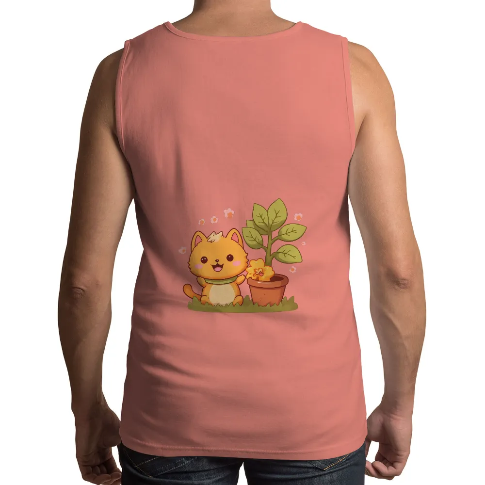 TShirt Design: Whimsical Cat and Flower | Adorable Characters| potted plant with a cute yellow flower