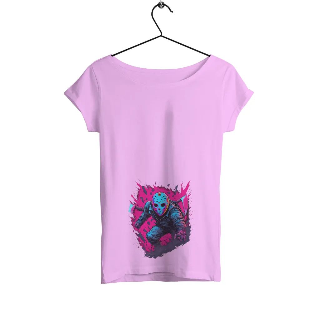 Custom Tee Shirts: Neon Horror Icon|Neon pink background with a dark backdrop