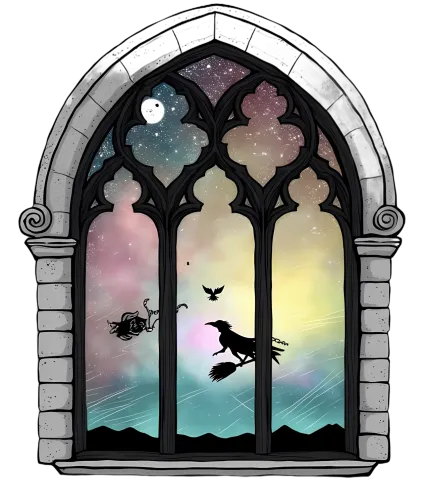 Custom T-Shirt Printing: Enchanted Gothic Window with Witch and Celestial Sky