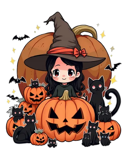 T-Shirts Pattern: Whimsical Witch and Halloween Pumpkins