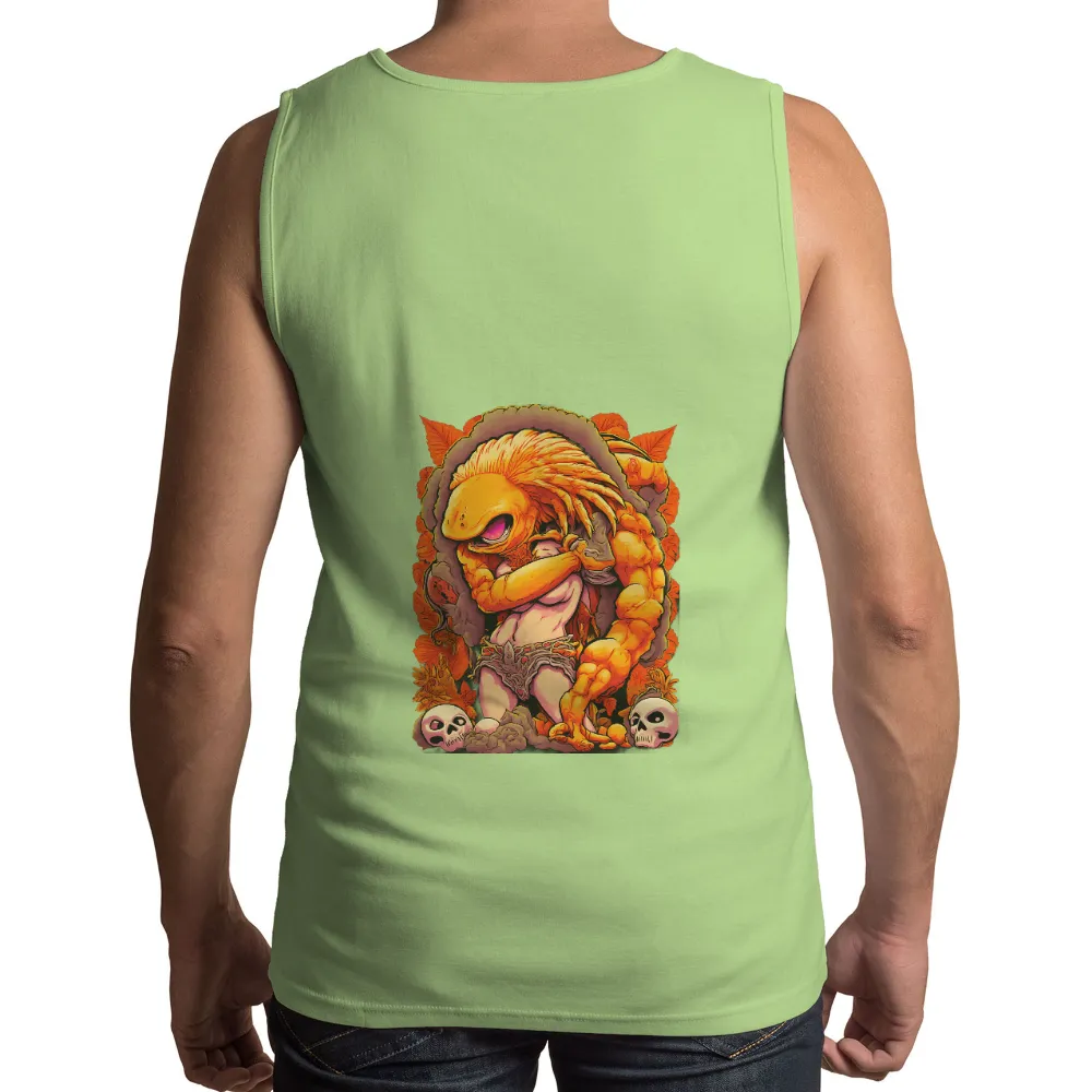 Customized Tee Shirts: Mythical Creature in Bold Colors and Intricate Details| muscular arms