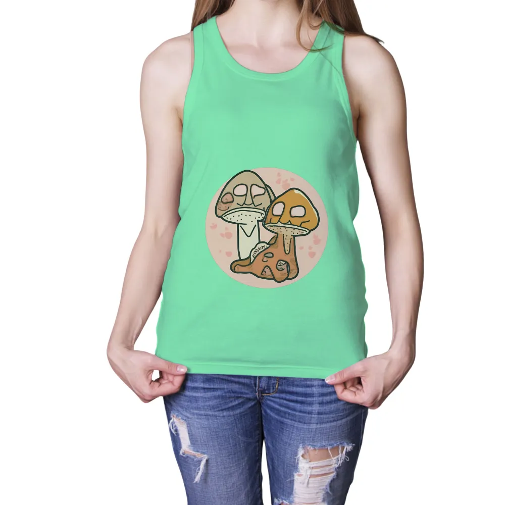 Whimsical Mushrooms: A Love Story in T-Shirts Design|cartoon characters with black shirt