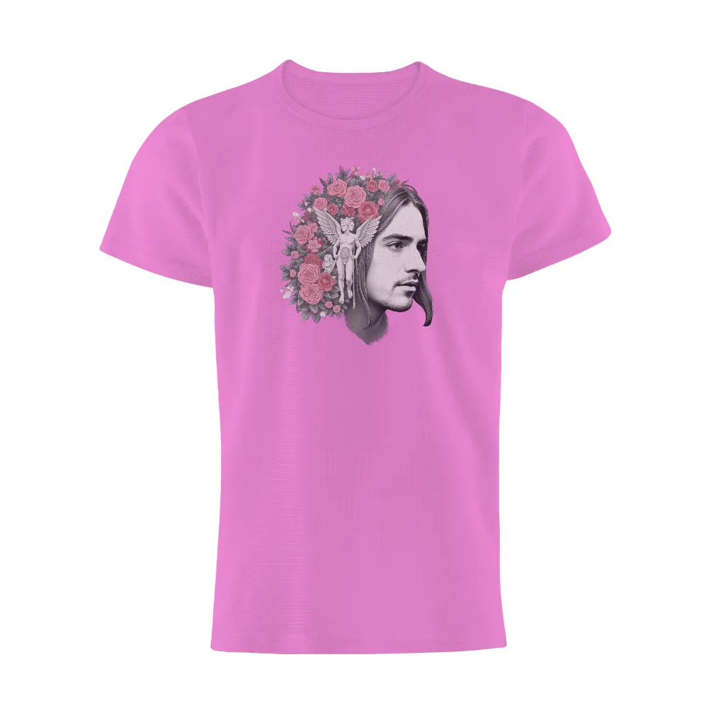 T-Shirts Custom: Angelic Roses - A Blend of Classical and Modern Art| Pink roses surrounding a man