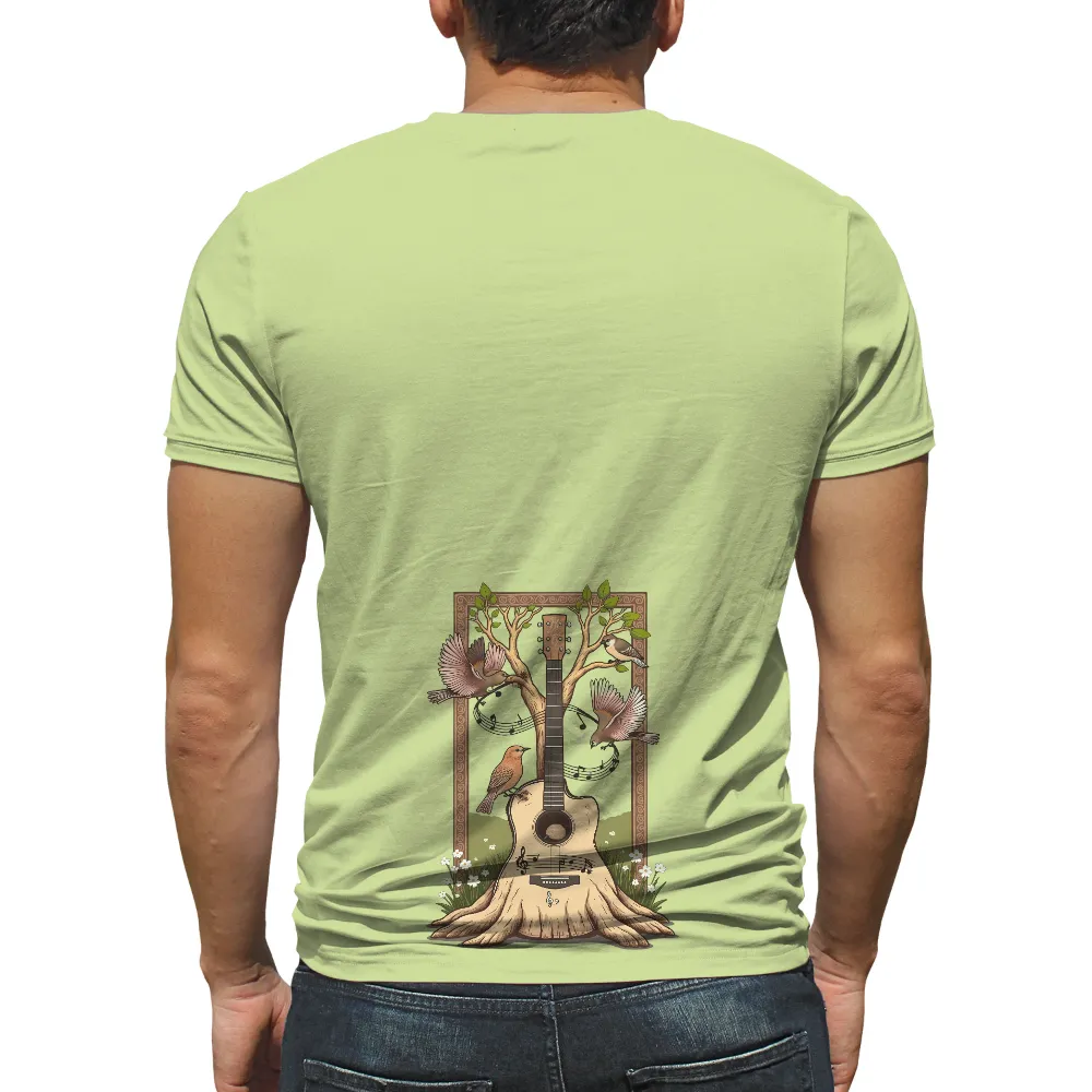 Customized Tee Shirts | Nature's Melody: Birds and Guitar Harmony| leaves and flowers background