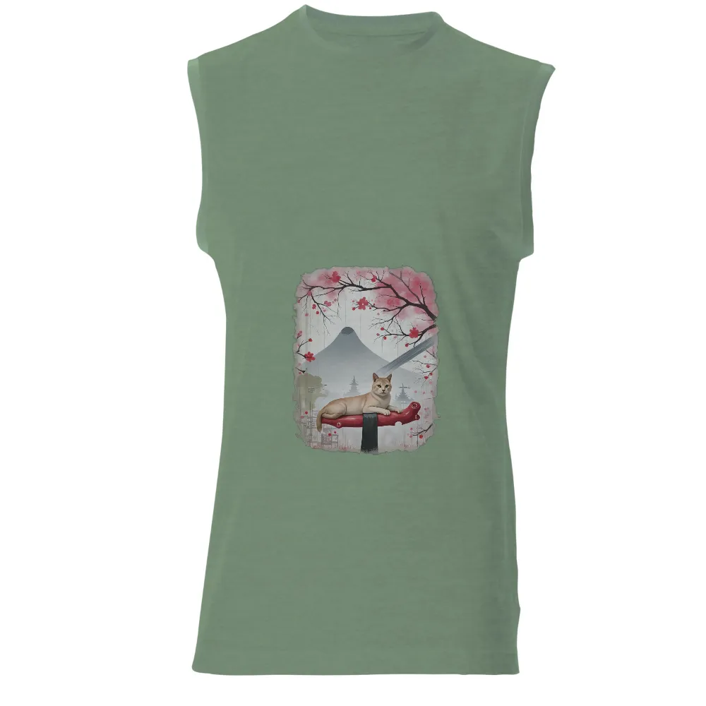 Tee Shirts Printed: Serene Cat on Katana | Japanese Culture Tees| Cat resting on sword hilt