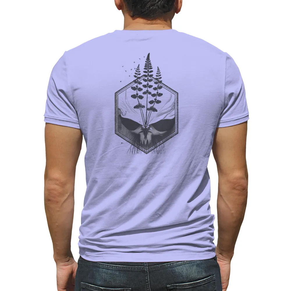 T-Shirts Design: Ethereal Crane and Botanical Elements| Monochrome tones enhancing the ethereal feel