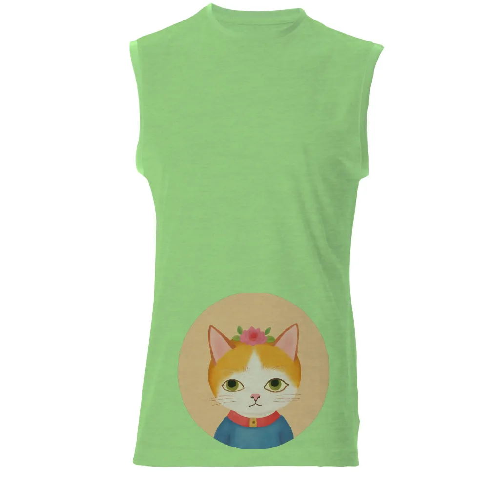 Tee Shirts Printed: Whimsical Cat with Flower Crown| Peach background