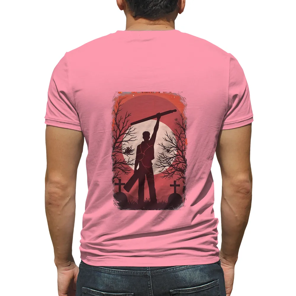 Tee Shirts Printed: Dark Silhouette Against Full Moon - Horror Themed Art| gravestones