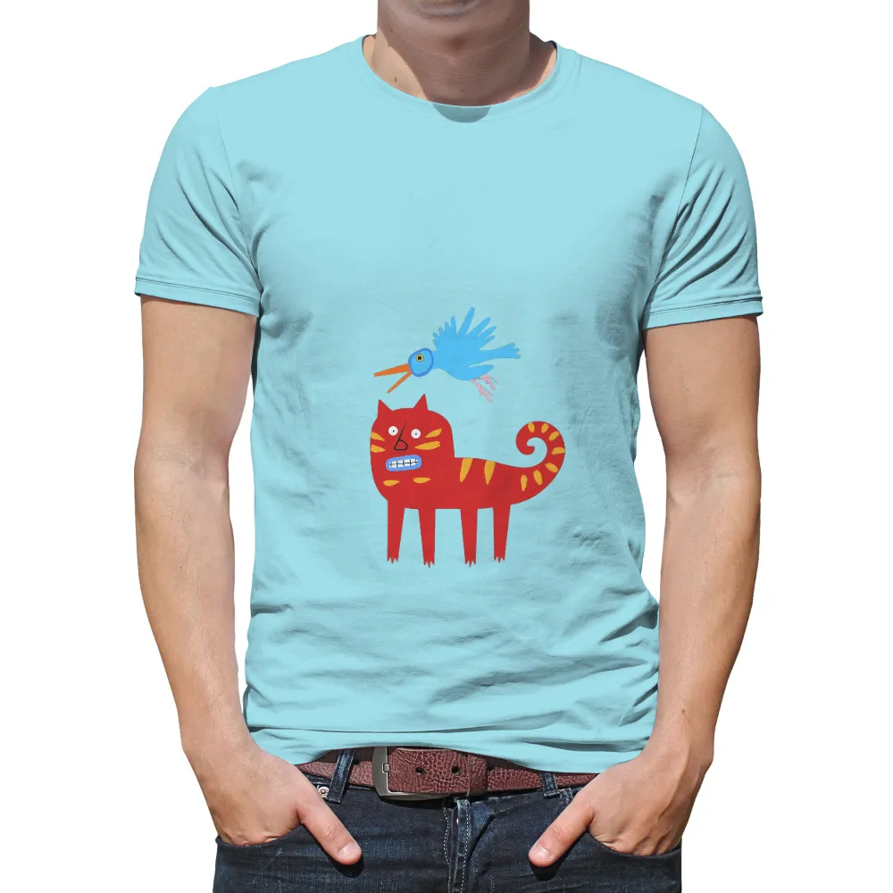 Custom T-Shirt Printing: Whimsical Red Cat and Blue Bird Friendship| Blue bird hovering above