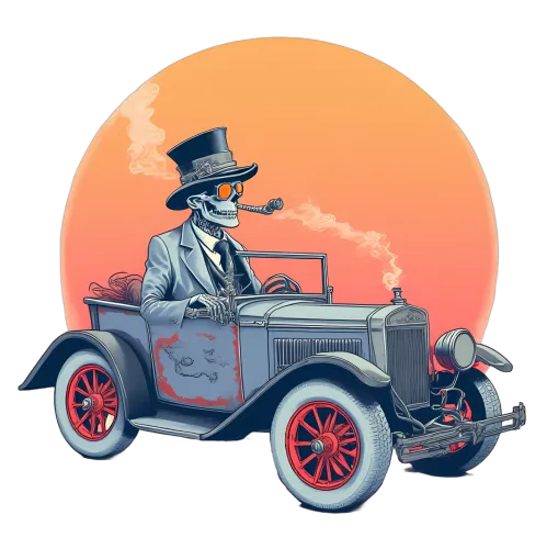 Vintage Skeleton Design with Classic Car and Warm Orange Sun