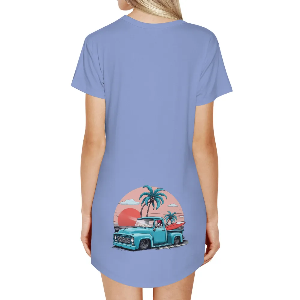 Custom Tee Shirts: Summer Adventure Skeleton Driving Pickup Truck| Classic teal pickup truck