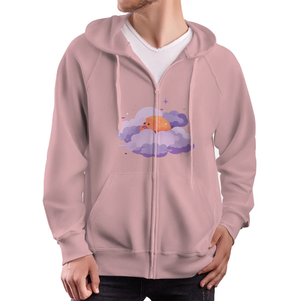 Whimsical Fantasy T-Shirt Printing | Enchanting Orange Character in Purple Clouds| slightly open mouth