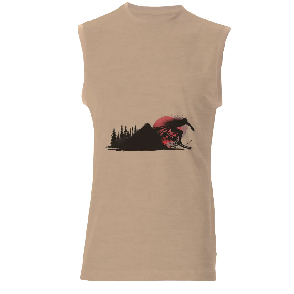 Custom T-Shirt Printing: Skier Soaring Against Red Moon| adventurous spirit